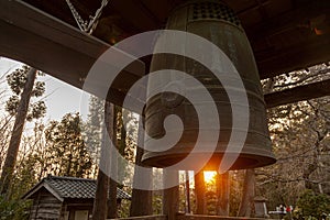 Large brass bell in a Japanese Shinto temple in Sendai, Japan called Rinno-ji Temple