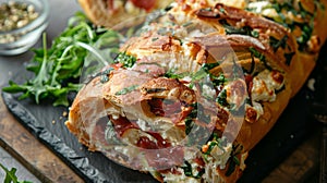 Large bread topped with spinach and cheese