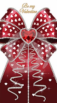 A large, bright red bow with a shiny texture, decorated with evenly scattered white hearts photo