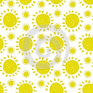 Large bright strokes of the sun are highlighted on a white background. Yellow seamless pattern. Vector flat graphic