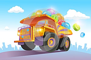 A large, bright truck carries a lot of colorful candies. Lollipop delivery. Vector illustration
