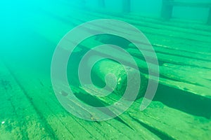 Large broken sailing mast of the Bermuda shipwreck in the Alger Underwater Preserve in Lake Superior