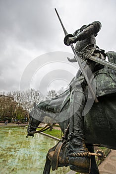 A large bronze statue of the knight Don Quixote