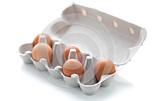Large brown chicken eggs in a box for 10 eggs. The box is open, Copyspace