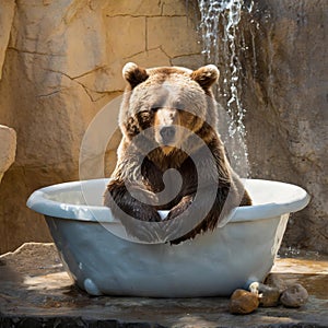 Large brown Grizzly bear sat in a big round bathtub surrounded by rocks and waterfall, AI-generated.