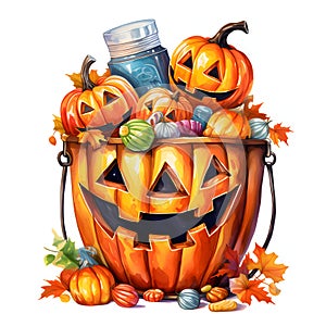 A large bucket gouged out of a pumpkin, and in it candy and jack-o-lantern pumpkins, Halloween image on a white isolated