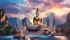 Large Buddha statue serenely presides over the stunning landscape of mountains and cascading waterfalls, basking in the warm glow