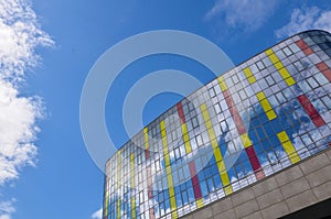 Large building with colorful windows