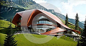 A large building with a curved roof on top of a hill created with Generative AI technology