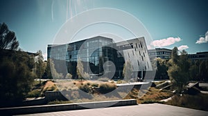 a large building with a lot of windows and trees in front of it on a sunny day with a few clouds in the sky above