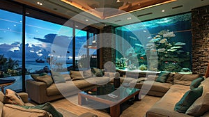 Large built-in home aquarium in a luxury living room interior