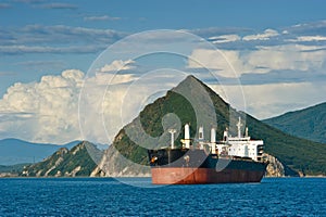 A large bulk carrier stands in the roadstead against the backdrop of a mountainous coast.