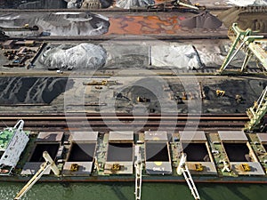 A large bulk carrier supplying iron-ore in a harbor