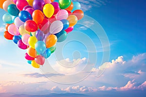 A large bunch of helium ballons straining on their strings against a sunny sky with white clouds.