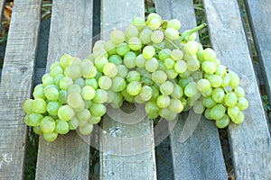 Large bunch of white grapes on old table