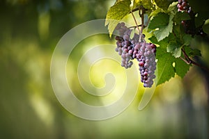 Large bunches of red wine grapes hang from an old vine