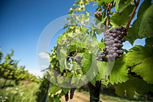Large bunches of red wine grapes hang from an old vine