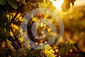 Large bunches of wine grapes hang from an vine in warm afternoon light