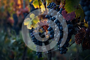 Large bunches of wine grapes hang from an vine in warm afternoon light