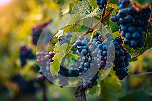 Large bunches of wine grapes hang from an vine in warm afternoon light