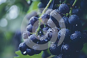 Large bunches of wine grapes hang from an vine in warm afternoon light