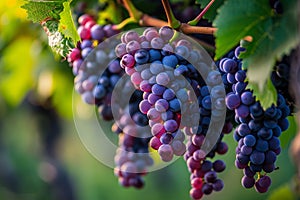 Large bunches of wine grapes hang from an vine in warm afternoon light