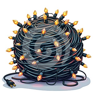 A large bundle of tangled string lights sits coiled, with each bulb glowing softly