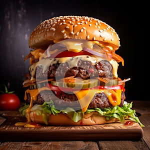 Large burger with cheese and bacon on a wooden table on a black background.