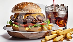 A large burger and fries on a plate with a drink