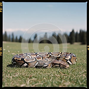 Large Burmese Python Snake on Green Grass