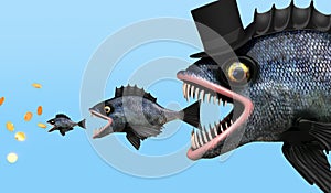 A large business predator eats a small fish.