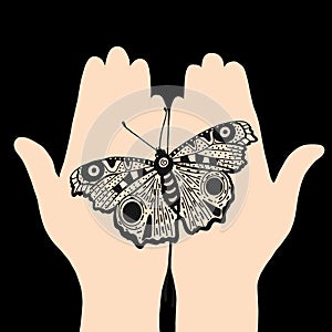 A large butterfly sits on the open palms. Monochrome graphic drawing on a black background.