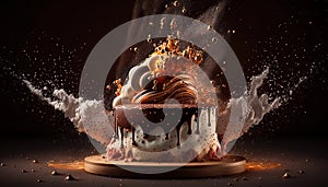 a large cake explodes on a dark background.
