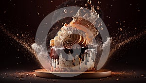 a large cake explodes on a dark background.