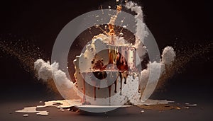 a large cake explodes on a dark background.