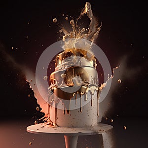 a large cake explodes on a dark background.