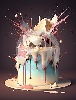 a large cake explodes on a dark background.