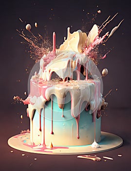 a large cake explodes on a dark background