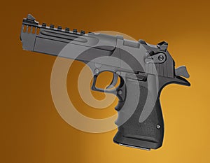 Large caliber semi-automatic pistol on a beige and orange background