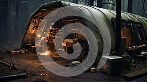 large canvas dome shelter in a dark forest at night.