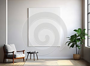 Large canvas mockup on the wall, interior frame, 3D illustration with room design, white furniture for pattern, print