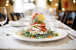 a large caprese salad in the center of a festive dinner table