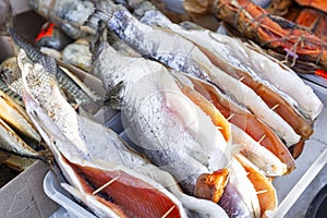 Large carcasses of salted fish on the counter. A traditional delicacy of northern cuisine. Close-up