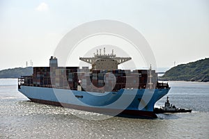 Large cargo container ship arriving to the port of Yangshan, China.