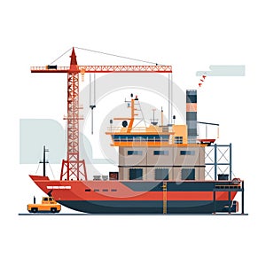 Large Cargo Ship Under Construction with Crane at Dockyard