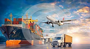A large cargo ship container truck stands with a plane in the background, Transportation, logistics, global trade concept
