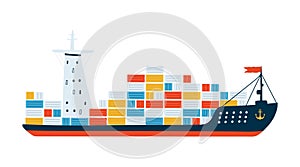 Large cargo ship with containers isolated on white background in a flat style. Children`s illustration for design of