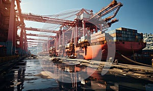 Large Cargo Ship Docked at Busy Dockyard