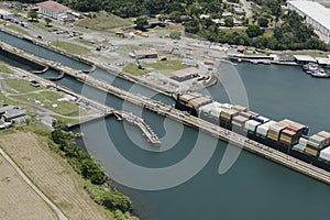 Large cargo ship exiting Gatun Locks photo