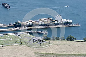 Large cargo ship exiting Gatun Locks, Panama Canal